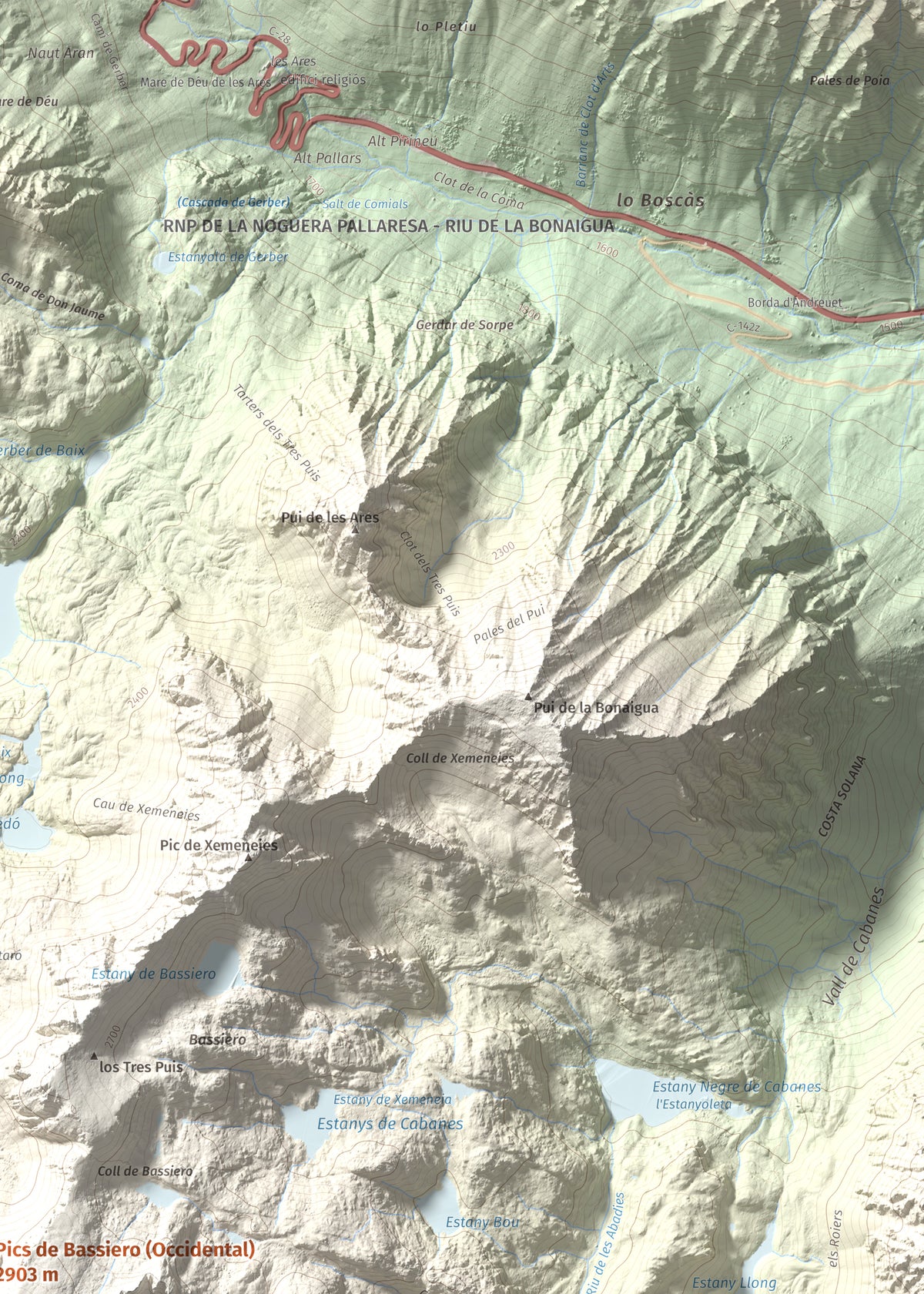 Mapa de relieve de Pics de Bassiero (Occidental), 2903 m, Pallars Sobirà, lámina 100 Cims de Trobart. Detalle de la zona superior derecha. 50 × 70 cm.