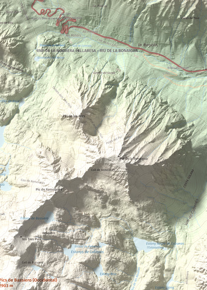 Mapa de relieve de Pics de Bassiero (Occidental), 2903 m, Pallars Sobirà, lámina 100 Cims de Trobart. Detalle de la zona superior derecha. 50 × 70 cm.