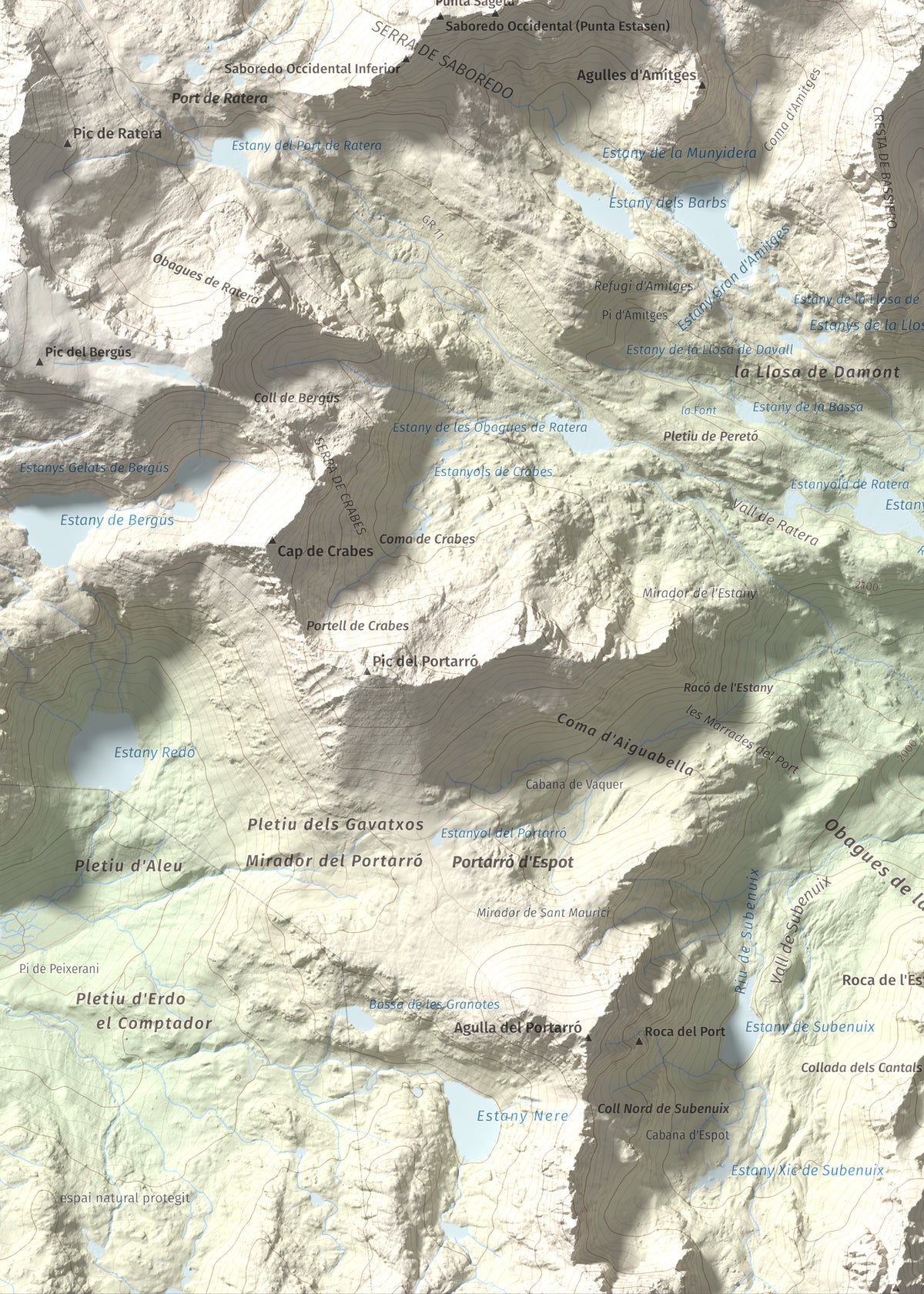 Mapa de relieve de Pics de Bassiero (Occidental), 2903 m, Pallars Sobirà, lámina 100 Cims de Trobart. Detalle de la zona inferior izquierda. 50 × 70 cm.