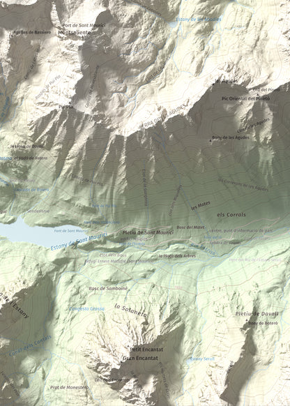 Mapa de relieve de Pics de Bassiero (Occidental), 2903 m, Pallars Sobirà, lámina 100 Cims de Trobart. Detalle de la zona inferior derecha. 50 × 70 cm.