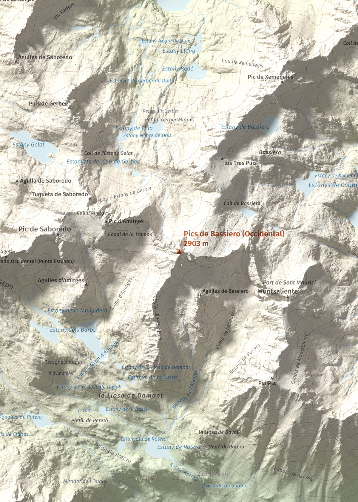 Mapa de relieve de Pics de Bassiero (Occidental), 2903 m, Pallars Sobirà, lámina 100 Cims de Trobart. Detalle de la zona central. 50 × 70 cm.