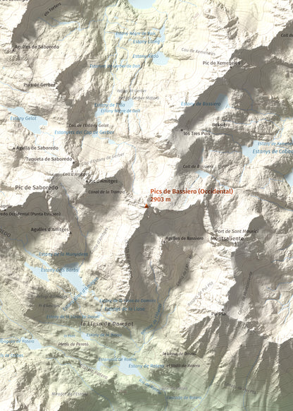 Mapa de relieve de Pics de Bassiero (Occidental), 2903 m, Pallars Sobirà, lámina 100 Cims de Trobart. Detalle de la zona central. 50 × 70 cm.