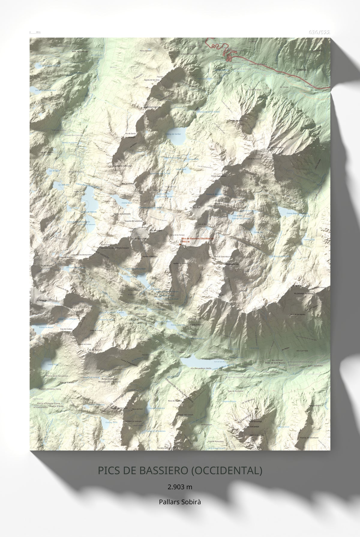 Mapa de relieve de Pics de Bassiero (Occidental), 2903 m, Pallars Sobirà, lámina 100 Cims de Trobart 61 × 91 cm.