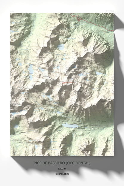 Mapa de relieve de Pics de Bassiero (Occidental), 2903 m, Pallars Sobirà, lámina 100 Cims de Trobart 61 × 91 cm.