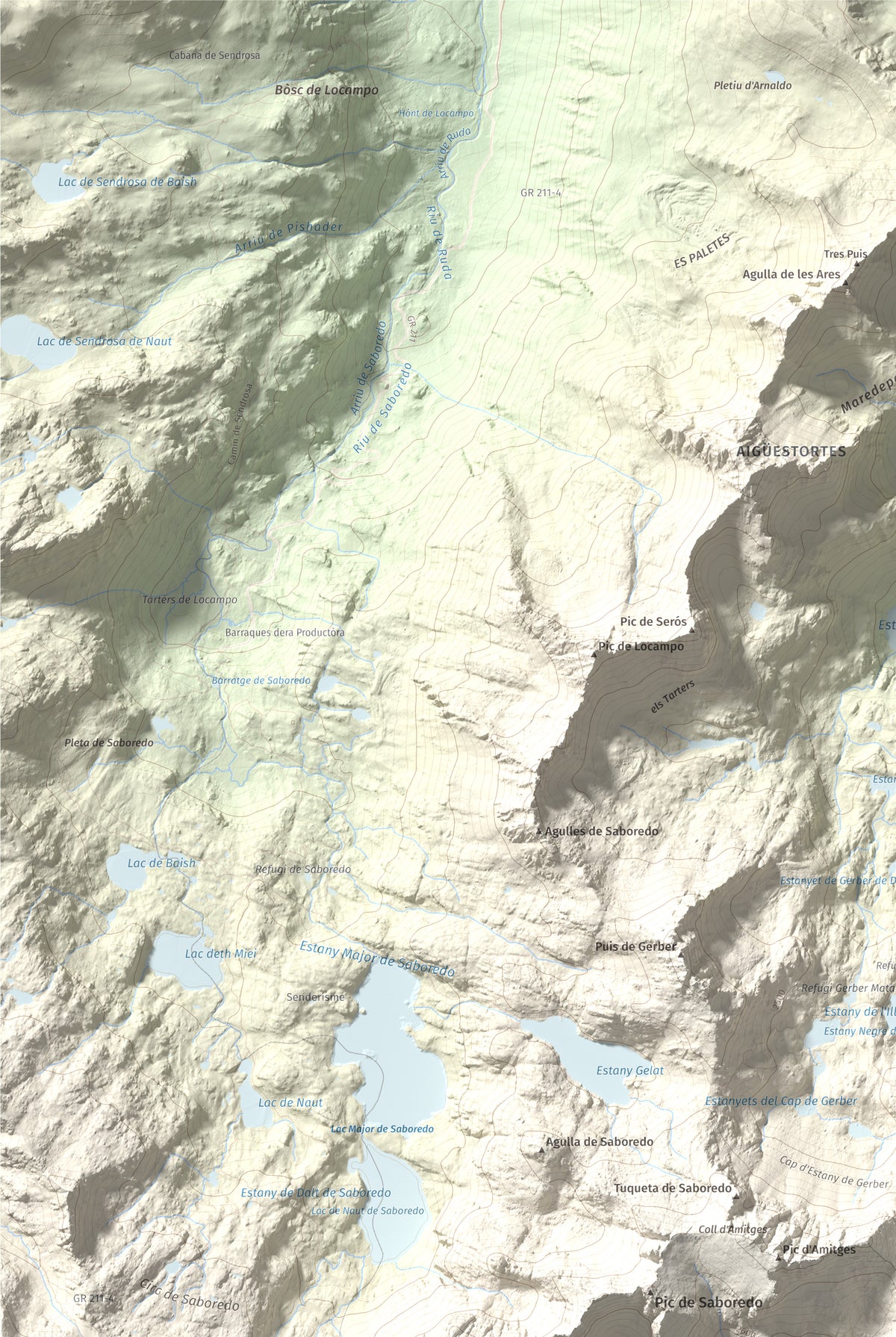 Mapa de relieve de Pics de Bassiero (Occidental), 2903 m, Pallars Sobirà, lámina 100 Cims de Trobart. Detalle de la zona superior izquierda. 61 × 91 cm.
