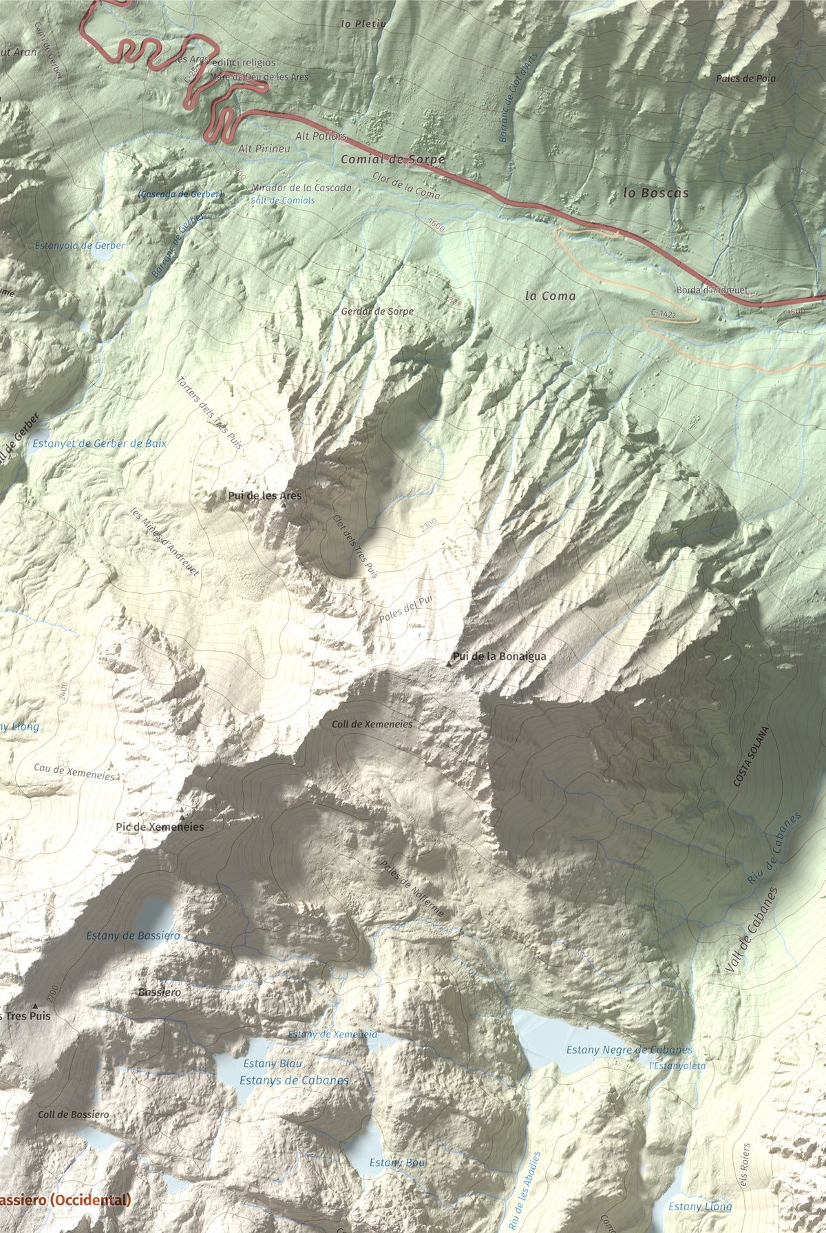 Mapa de relieve de Pics de Bassiero (Occidental), 2903 m, Pallars Sobirà, lámina 100 Cims de Trobart. Detalle de la zona superior derecha. 61 × 91 cm.