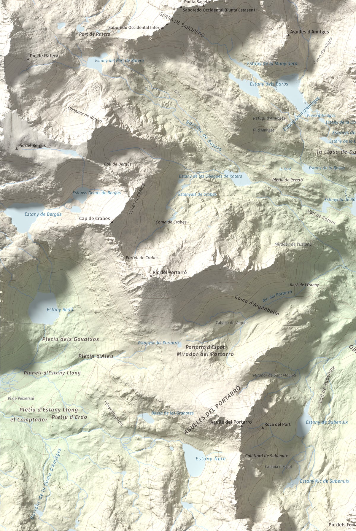 Mapa de relieve de Pics de Bassiero (Occidental), 2903 m, Pallars Sobirà, lámina 100 Cims de Trobart. Detalle de la zona inferior izquierda. 61 × 91 cm.
