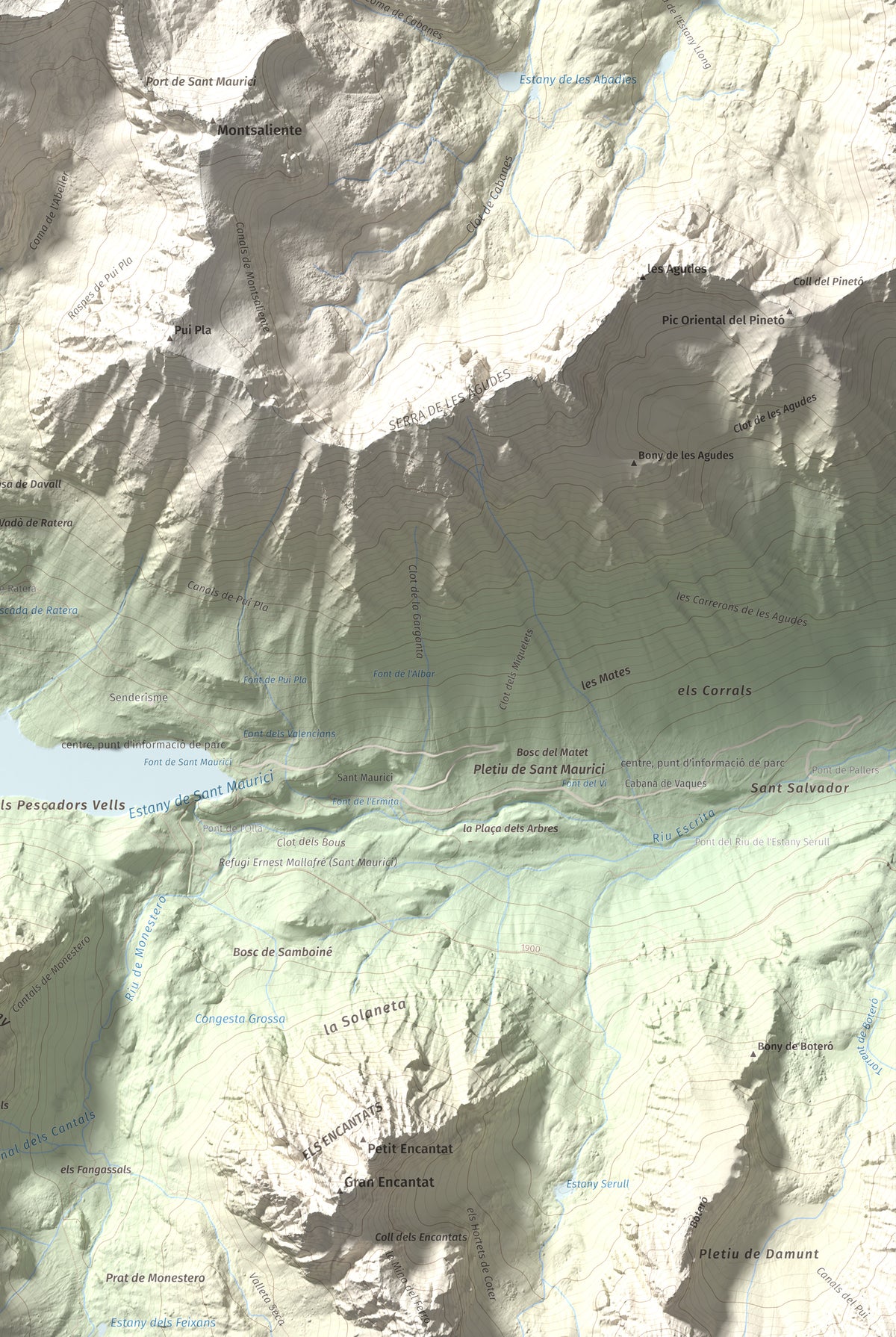 Mapa de relieve de Pics de Bassiero (Occidental), 2903 m, Pallars Sobirà, lámina 100 Cims de Trobart. Detalle de la zona inferior derecha. 61 × 91 cm.