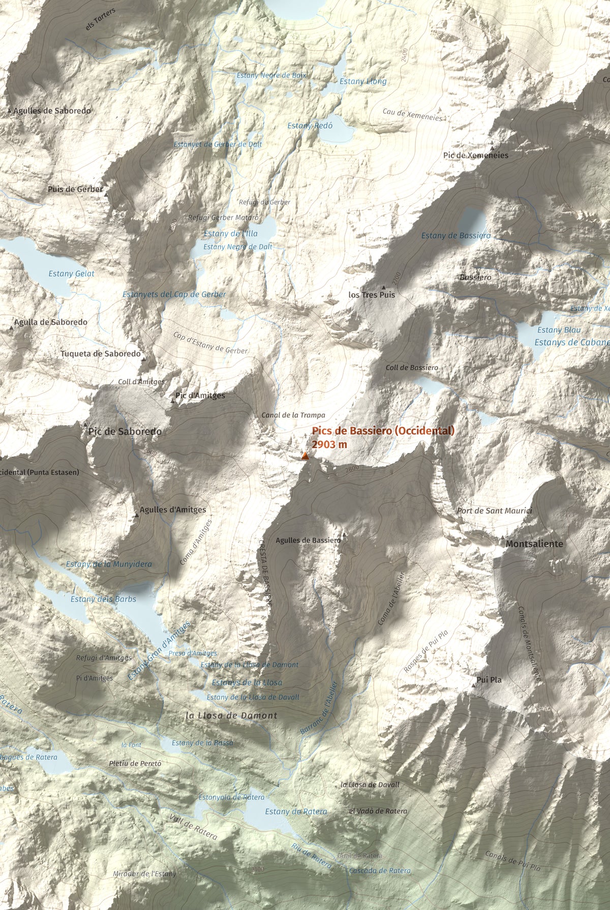 Mapa de relieve de Pics de Bassiero (Occidental), 2903 m, Pallars Sobirà, lámina 100 Cims de Trobart. Detalle de la zona central. 61 × 91 cm.