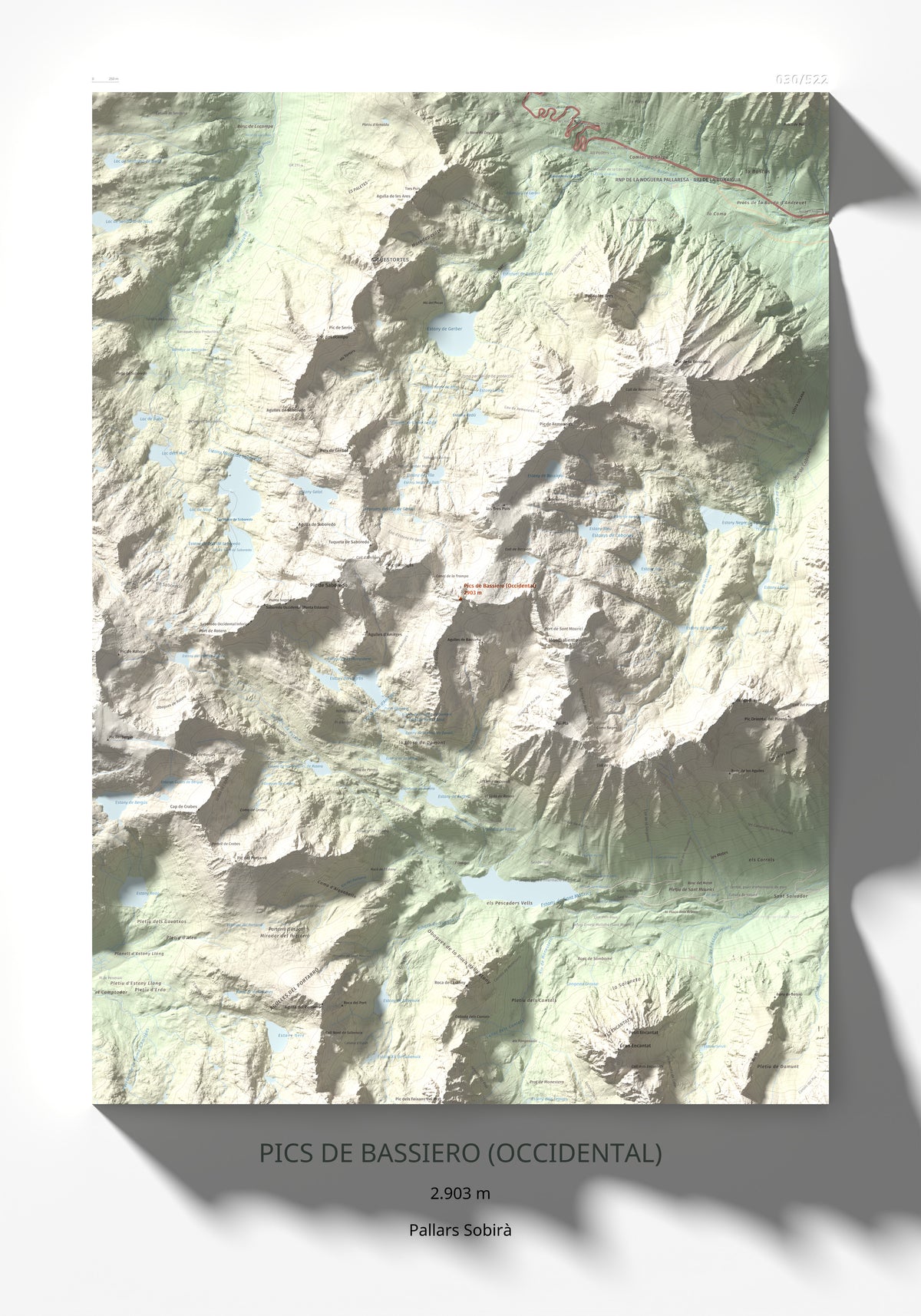 Mapa de relieve de Pics de Bassiero (Occidental), 2903 m, Pallars Sobirà, lámina 100 Cims de Trobart 70 × 100 cm.