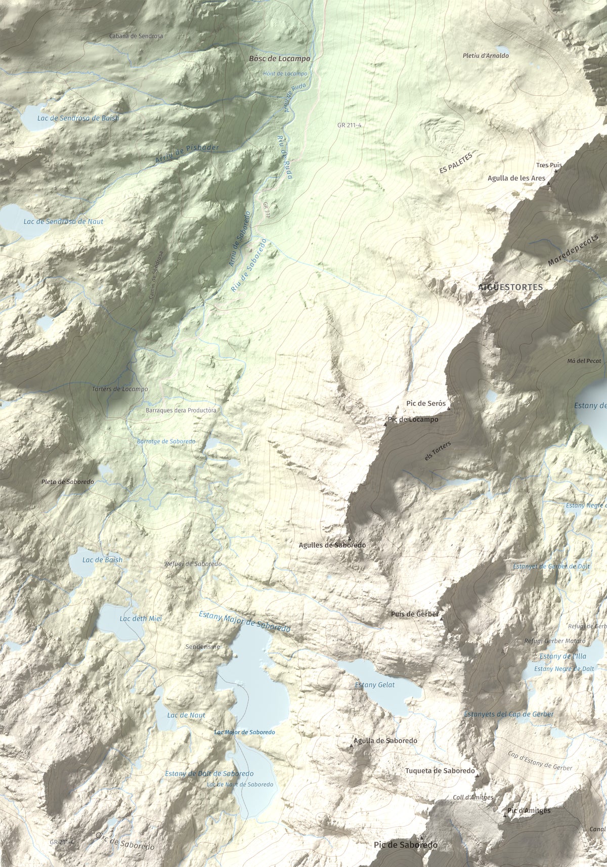 Mapa de relieve de Pics de Bassiero (Occidental), 2903 m, Pallars Sobirà, lámina 100 Cims de Trobart. Detalle de la zona superior izquierda. 70 × 100 cm.