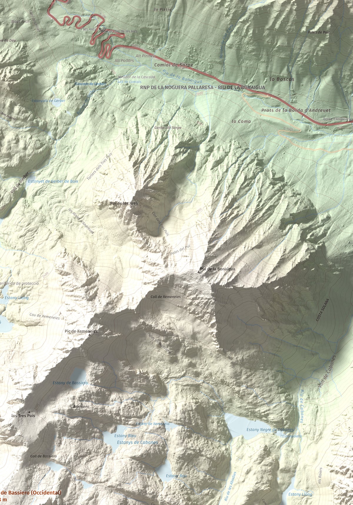 Mapa de relieve de Pics de Bassiero (Occidental), 2903 m, Pallars Sobirà, lámina 100 Cims de Trobart. Detalle de la zona superior derecha. 70 × 100 cm.