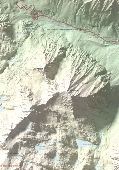 Mapa de relieve de Pics de Bassiero (Occidental), 2903 m, Pallars Sobirà, lámina 100 Cims de Trobart. Detalle de la zona superior derecha. 70 × 100 cm.