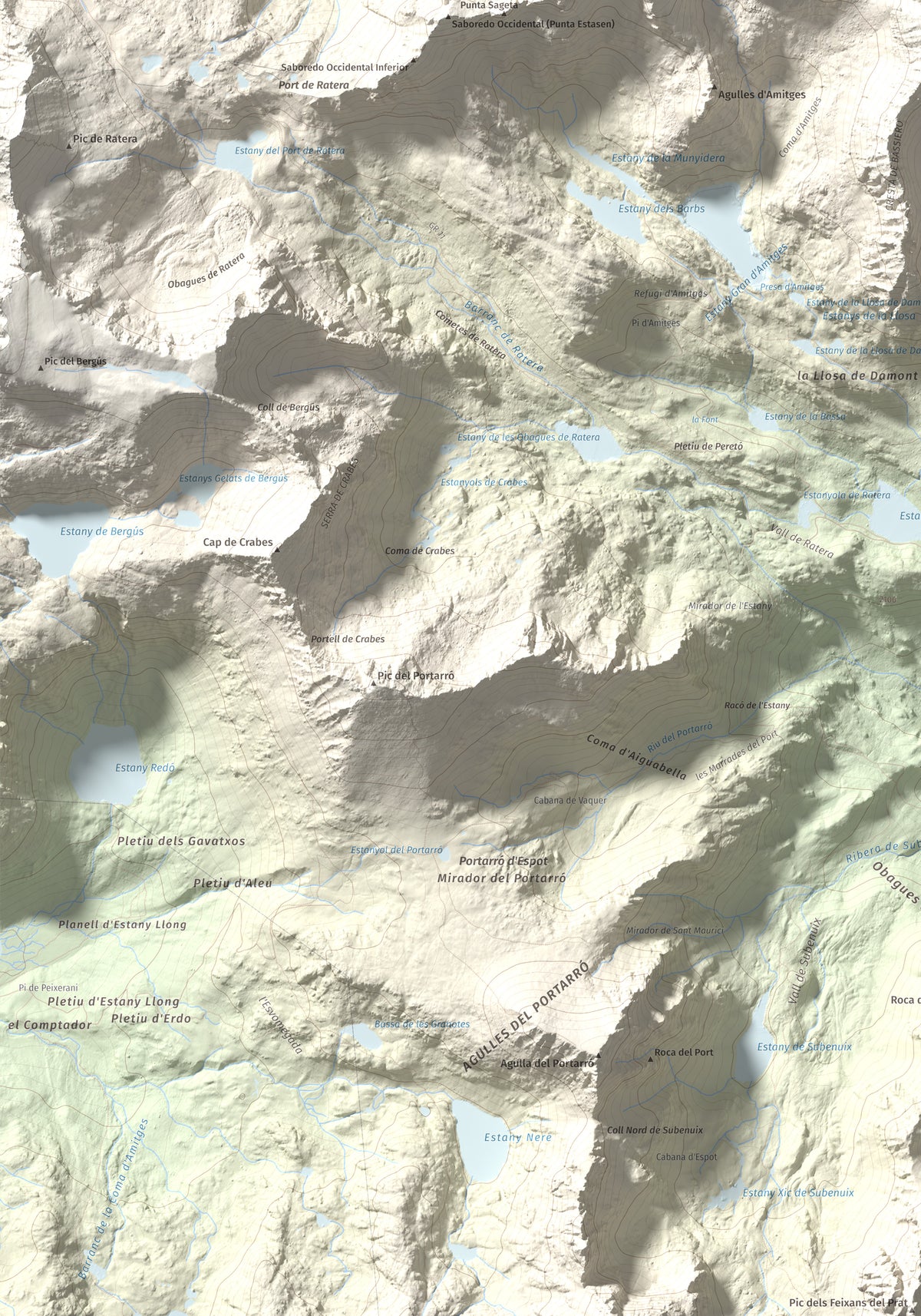 Mapa de relieve de Pics de Bassiero (Occidental), 2903 m, Pallars Sobirà, lámina 100 Cims de Trobart. Detalle de la zona inferior izquierda. 70 × 100 cm.