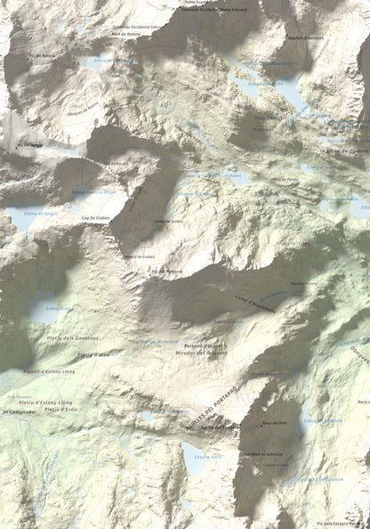 Mapa de relieve de Pics de Bassiero (Occidental), 2903 m, Pallars Sobirà, lámina 100 Cims de Trobart. Detalle de la zona inferior izquierda. 70 × 100 cm.