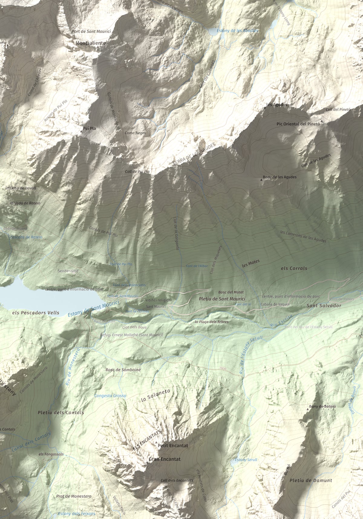 Mapa de relieve de Pics de Bassiero (Occidental), 2903 m, Pallars Sobirà, lámina 100 Cims de Trobart. Detalle de la zona inferior derecha. 70 × 100 cm.