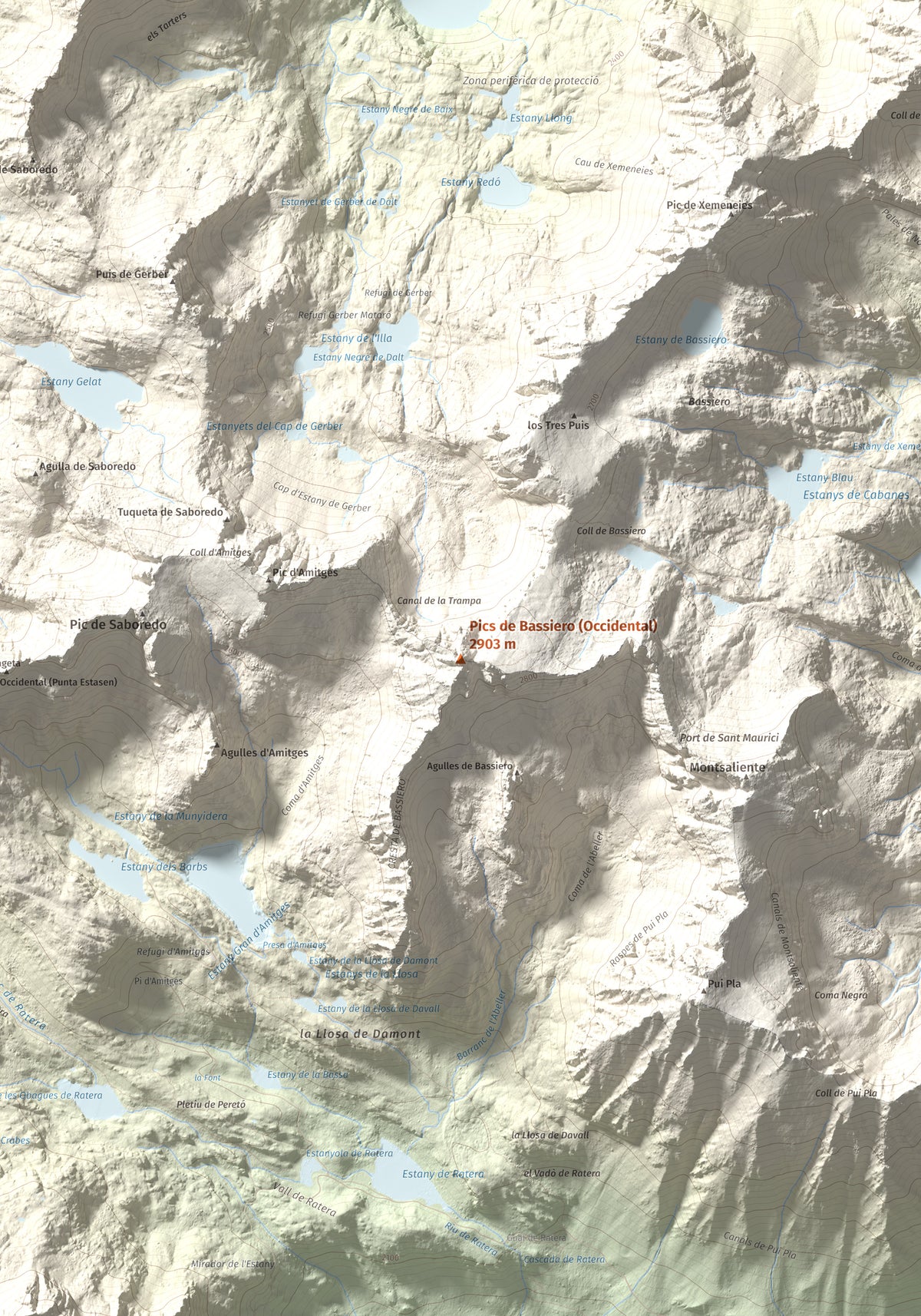Mapa de relieve de Pics de Bassiero (Occidental), 2903 m, Pallars Sobirà, lámina 100 Cims de Trobart. Detalle de la zona central. 70 × 100 cm.