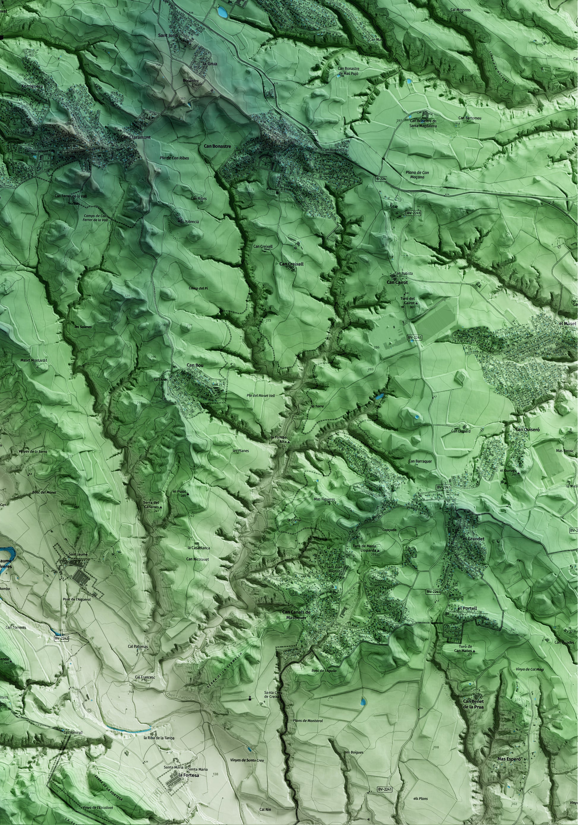 Mapa artístico del relieve de Piera, al Anoia, con 15 km de entorno y base topográfica ICGC. Detalle de la zona inferior derecha.