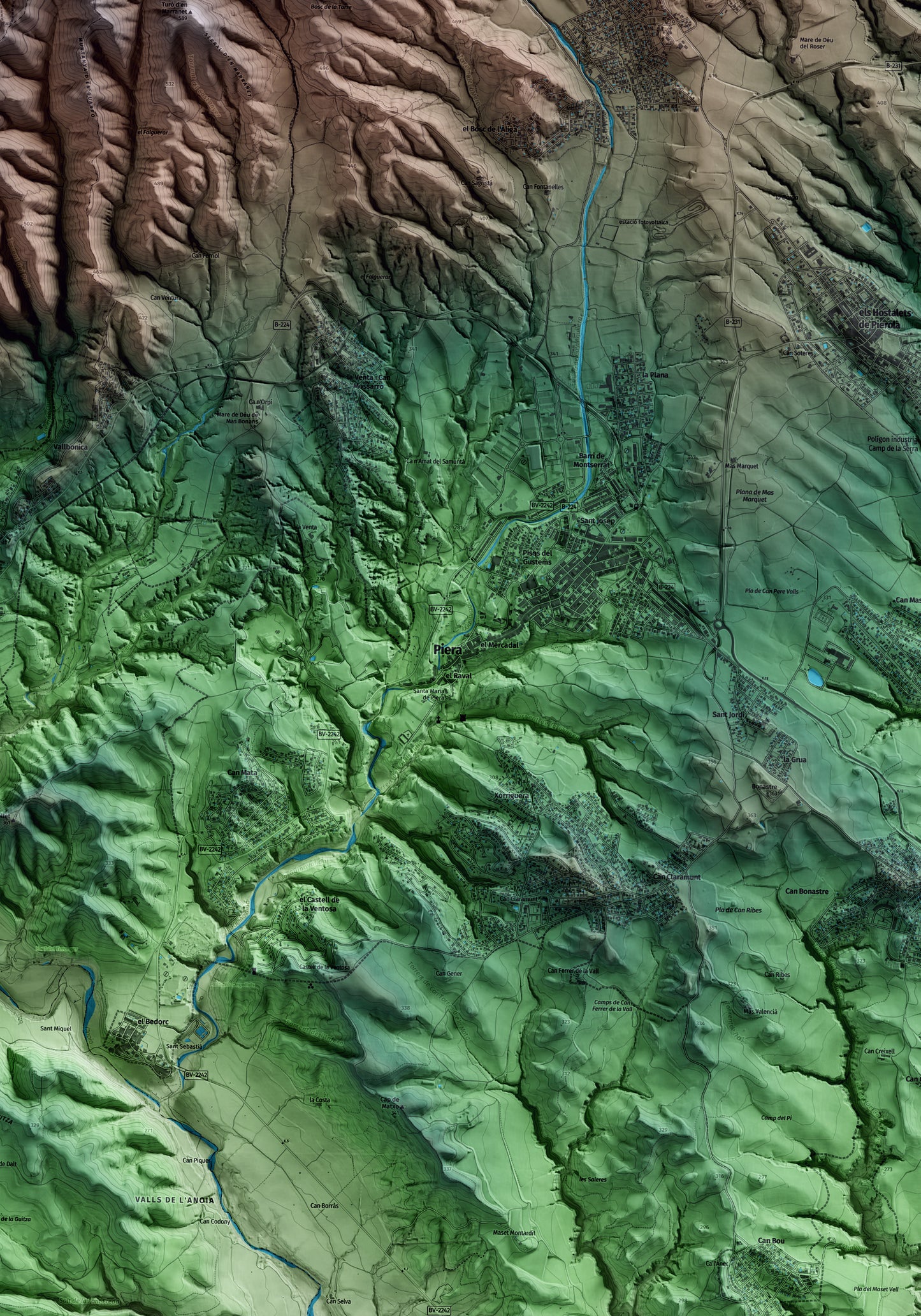 Mapa artístico del relieve de Piera, al Anoia, con 15 km de entorno y base topográfica ICGC. Detalle de la zona central.