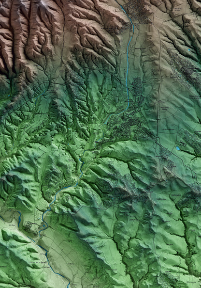 Mapa artístico del relieve de Piera, al Anoia, con 15 km de entorno y base topográfica ICGC. Detalle de la zona central.