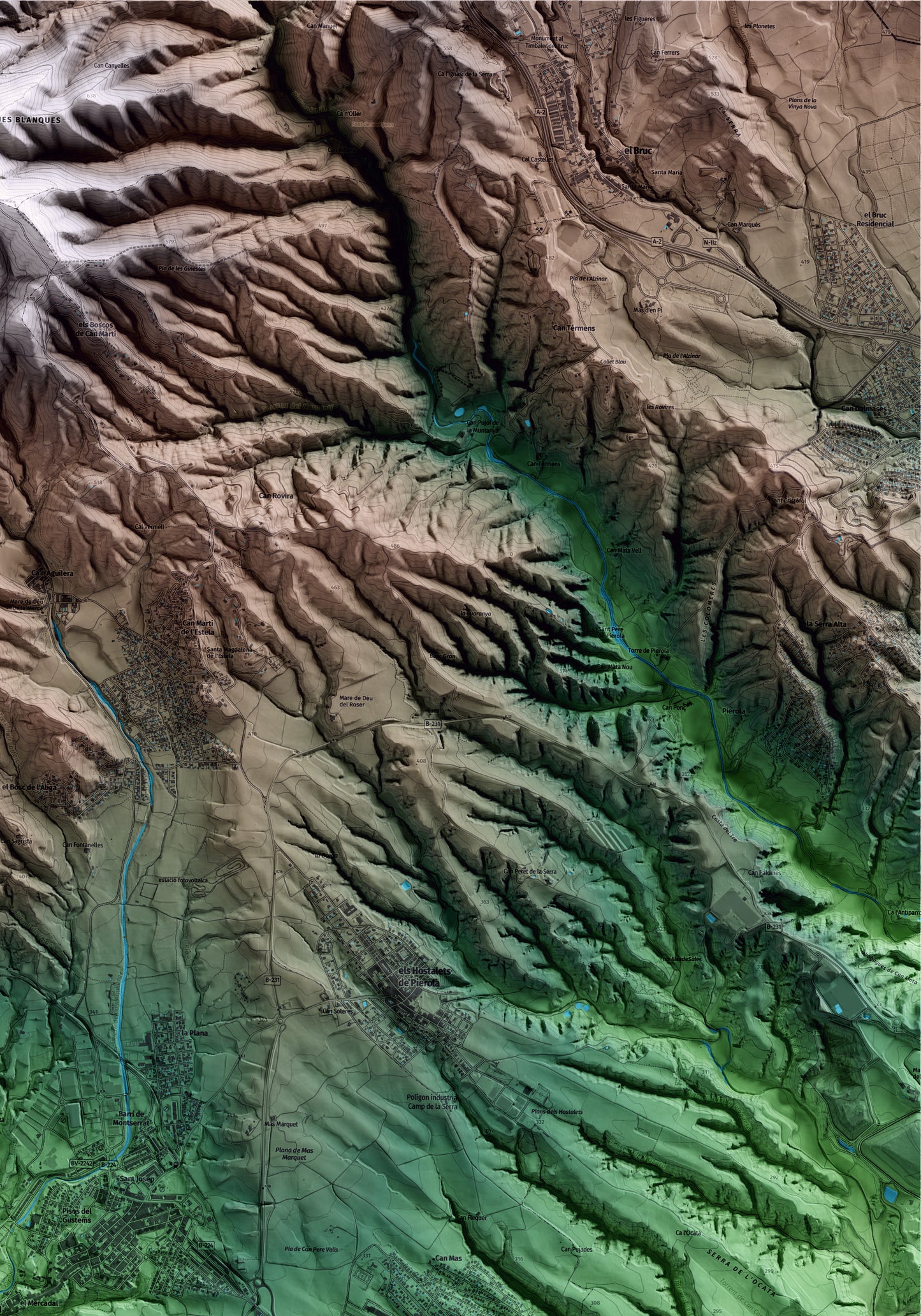 Mapa artístico del relieve de Piera, al Anoia, con 15 km de entorno y base topográfica ICGC. Detalle de la zona superior derecha.