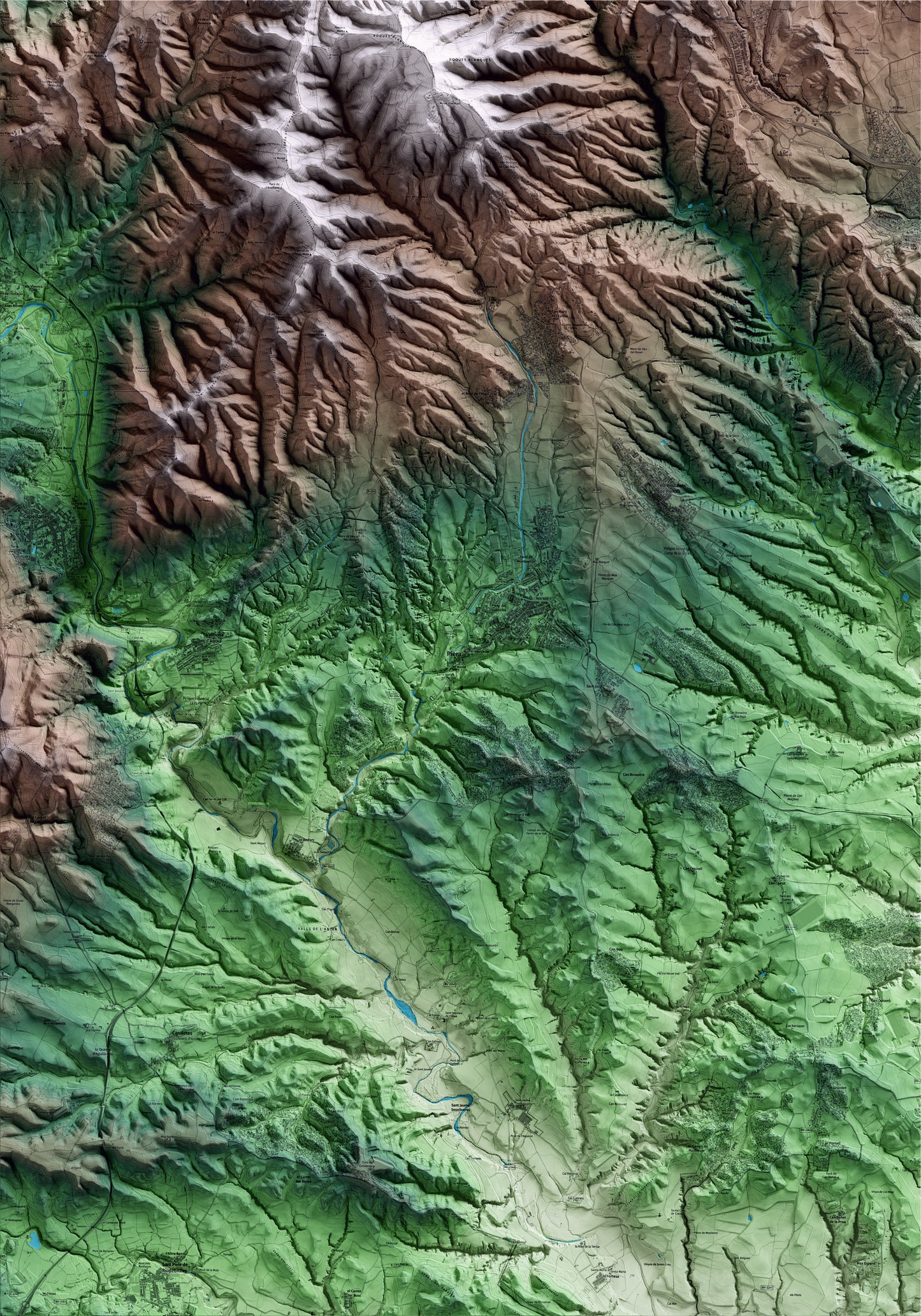 Mapa artístico del relieve de Piera, al Anoia, con 15 km de entorno y base topográfica ICGC