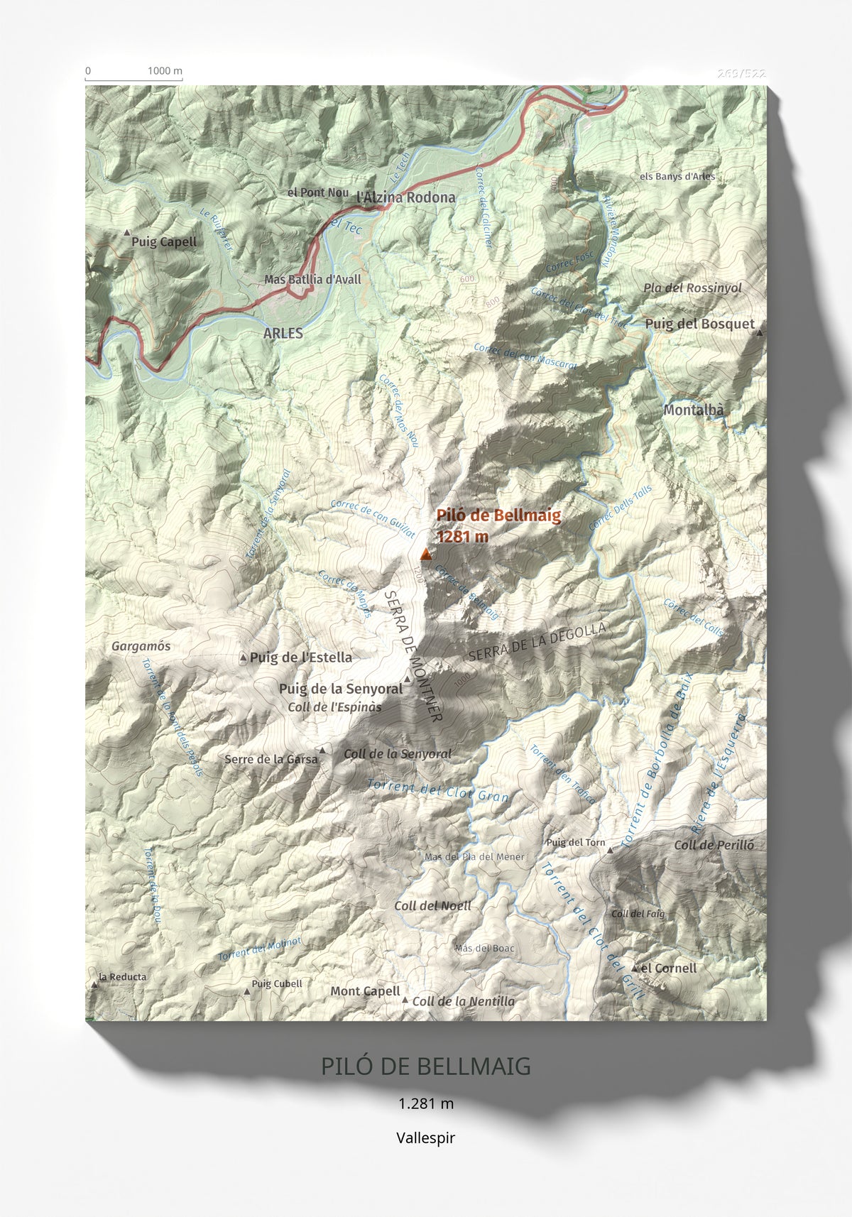 Mapa de relieve de Piló de Bellmaig, 1281 m, Vallespir, lámina 100 Cims de Trobart 21 × 30 cm.