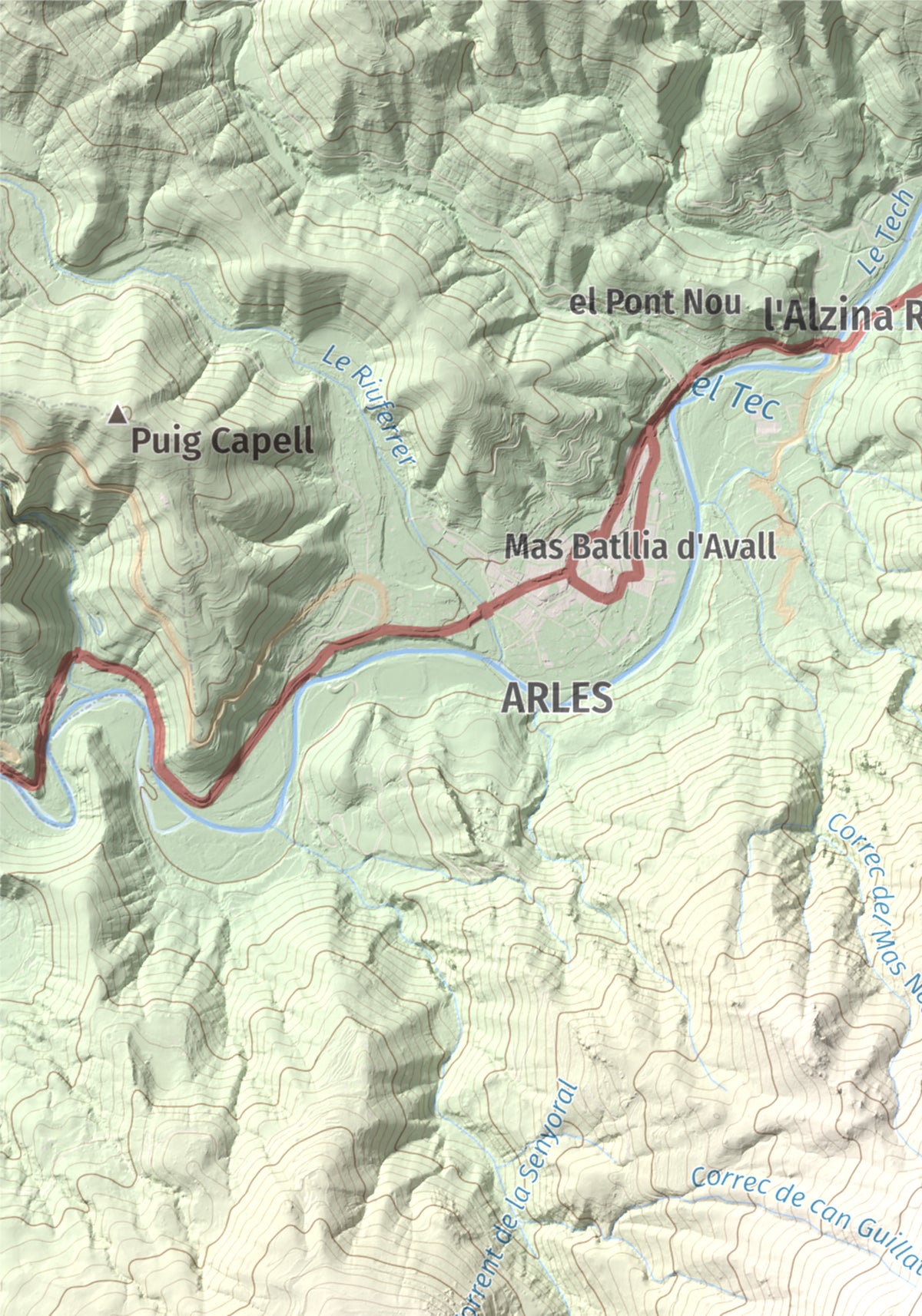 Mapa de relieve de Piló de Bellmaig, 1281 m, Vallespir, lámina 100 Cims de Trobart. Detalle de la zona superior izquierda. 21 × 30 cm.