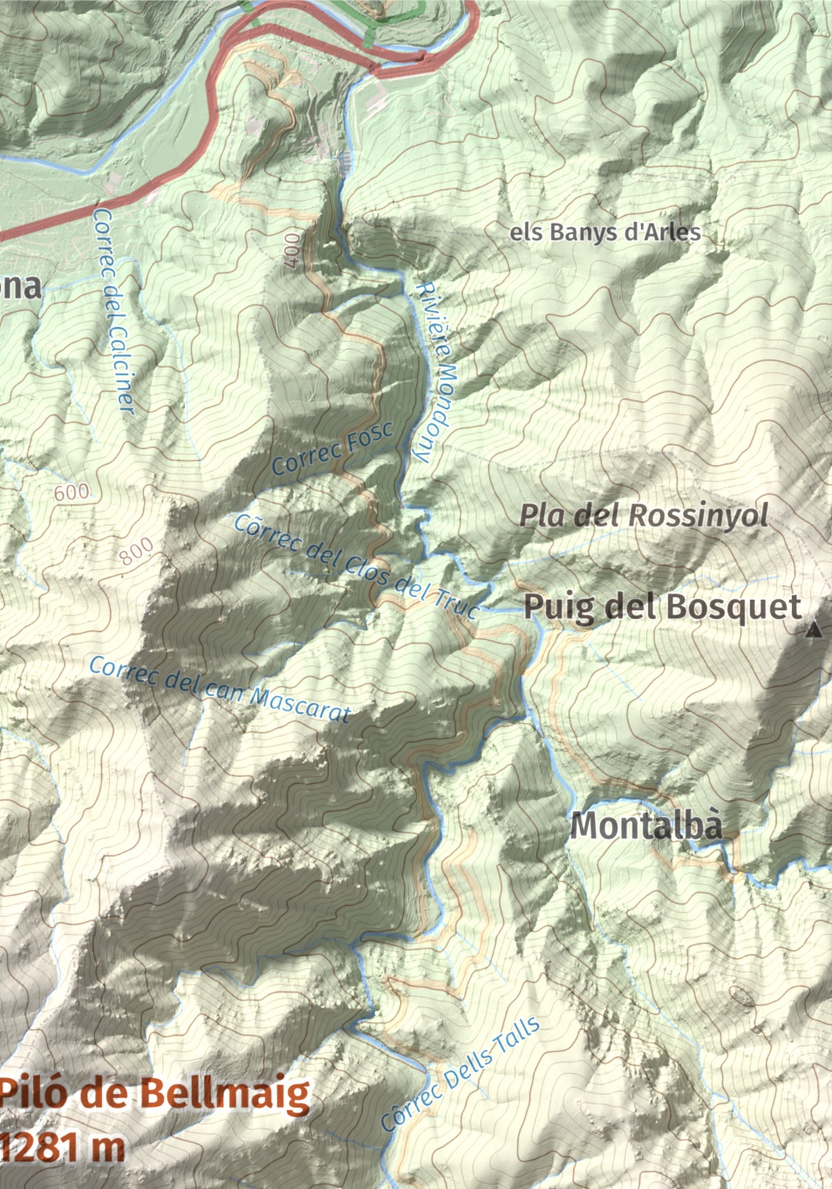 Mapa de relieve de Piló de Bellmaig, 1281 m, Vallespir, lámina 100 Cims de Trobart. Detalle de la zona superior derecha. 21 × 30 cm.