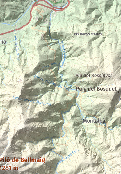 Mapa de relieve de Piló de Bellmaig, 1281 m, Vallespir, lámina 100 Cims de Trobart. Detalle de la zona superior derecha. 21 × 30 cm.