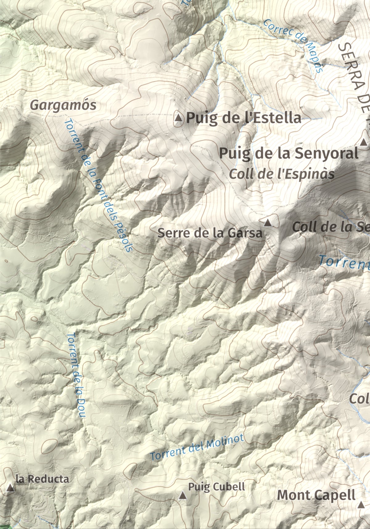 Mapa de relieve de Piló de Bellmaig, 1281 m, Vallespir, lámina 100 Cims de Trobart. Detalle de la zona inferior izquierda. 21 × 30 cm.