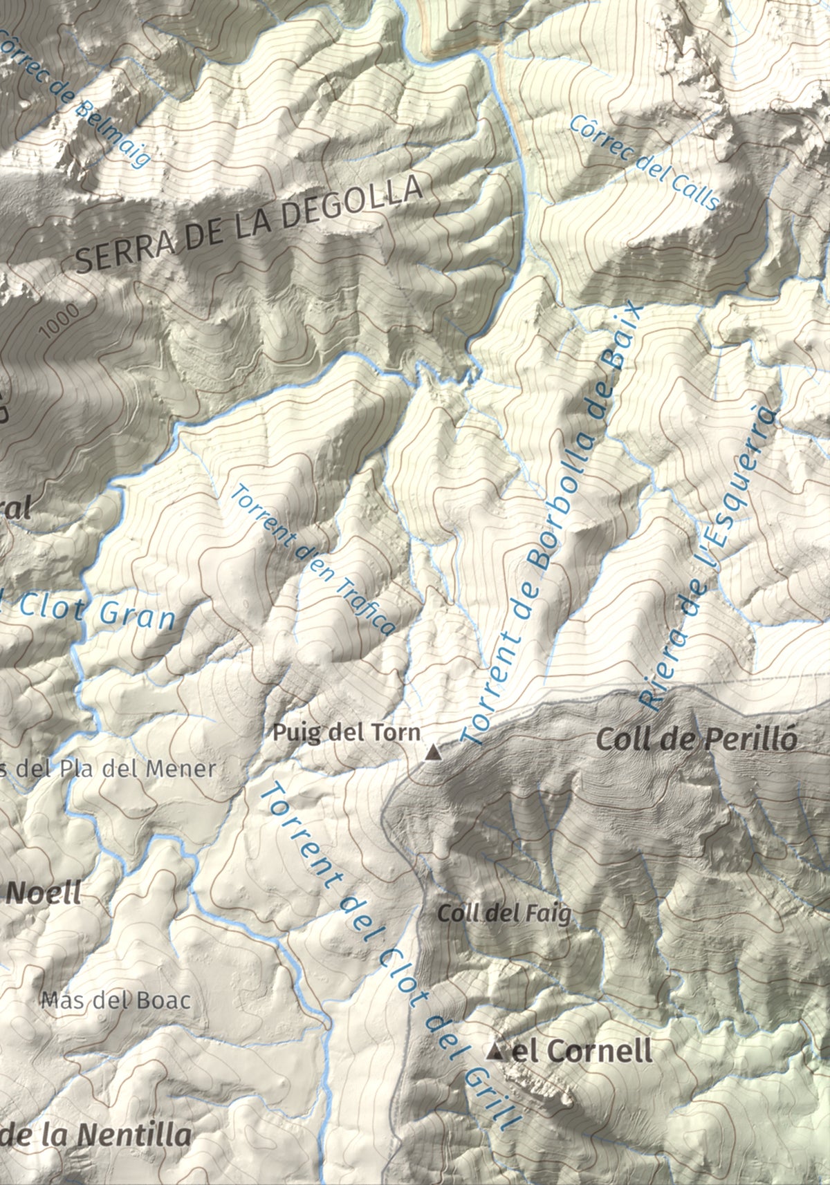 Mapa de relieve de Piló de Bellmaig, 1281 m, Vallespir, lámina 100 Cims de Trobart. Detalle de la zona inferior derecha. 21 × 30 cm.