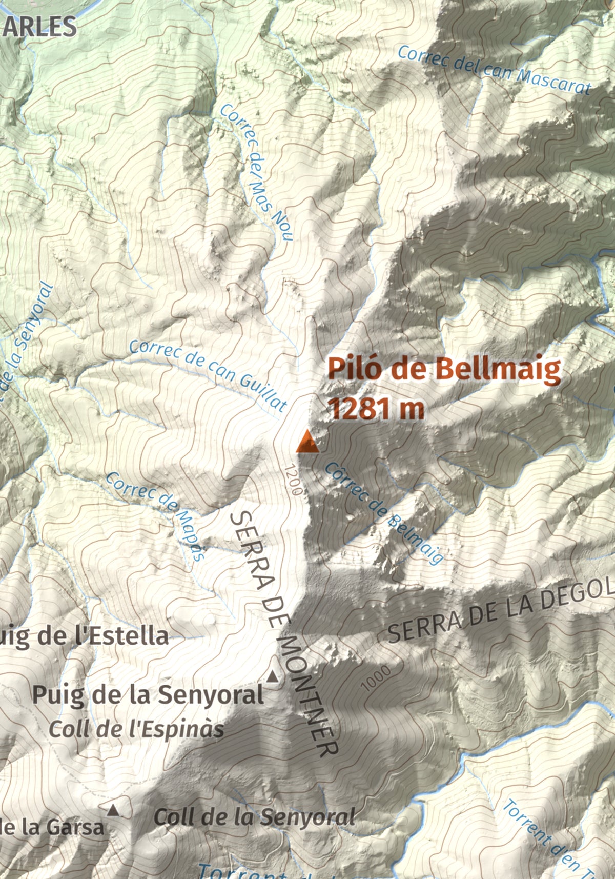 Mapa de relieve de Piló de Bellmaig, 1281 m, Vallespir, lámina 100 Cims de Trobart. Detalle de la zona central. 21 × 30 cm.