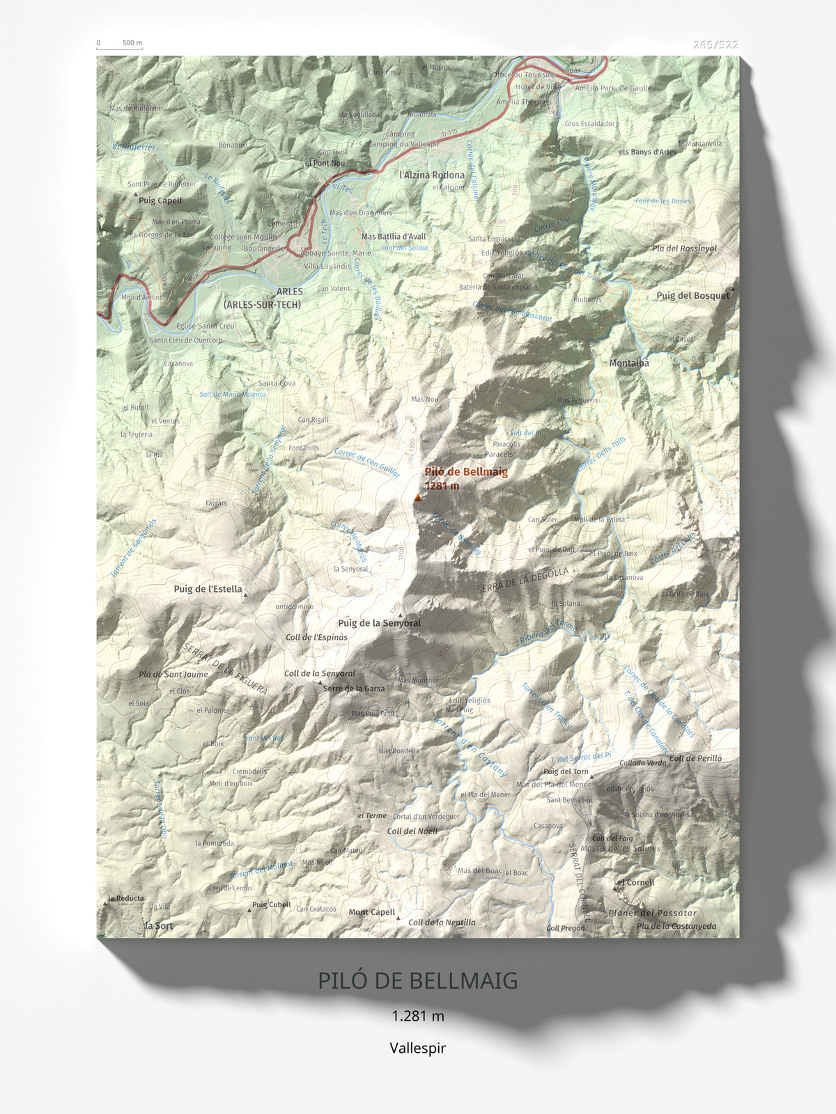 Mapa de relieve de Piló de Bellmaig, 1281 m, Vallespir, lámina 100 Cims de Trobart 30 × 40 cm.
