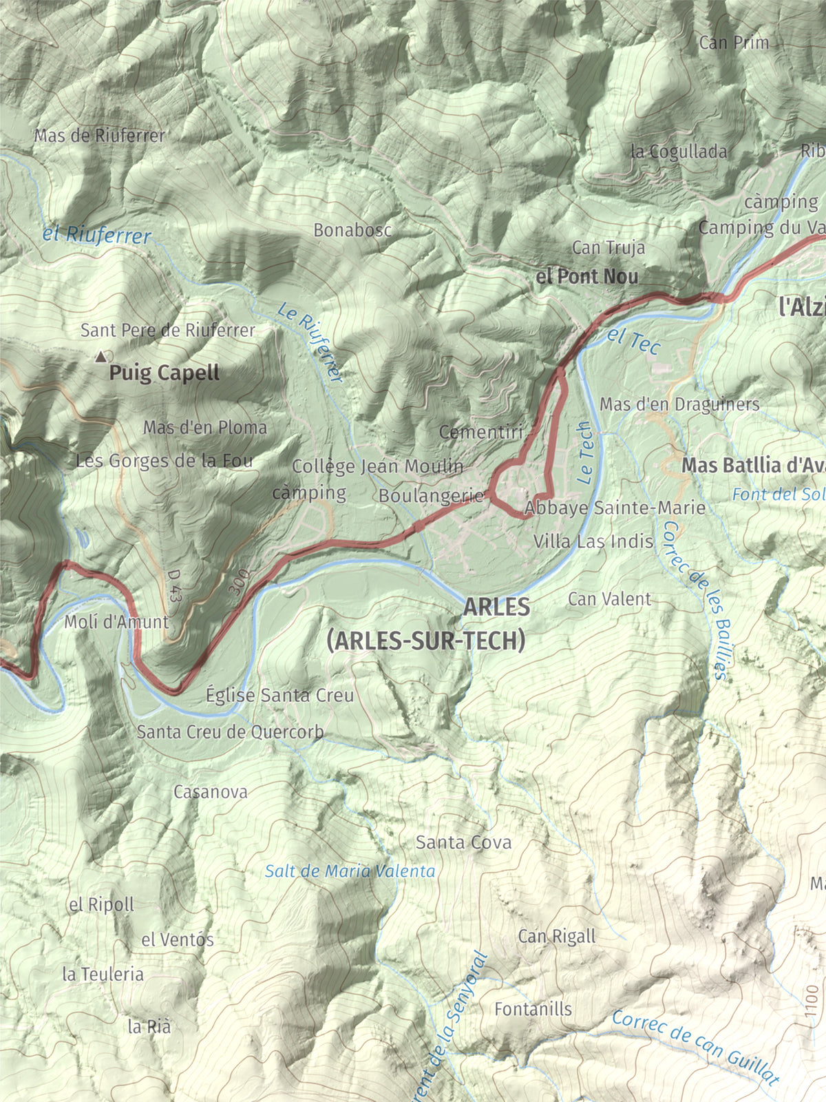 Mapa de relieve de Piló de Bellmaig, 1281 m, Vallespir, lámina 100 Cims de Trobart. Detalle de la zona superior izquierda. 30 × 40 cm.