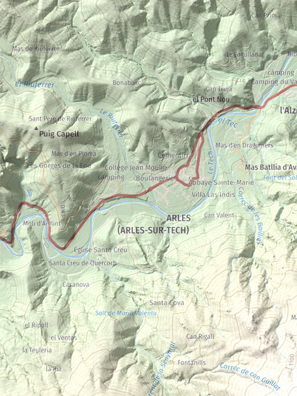Mapa de relieve de Piló de Bellmaig, 1281 m, Vallespir, lámina 100 Cims de Trobart. Detalle de la zona superior izquierda. 30 × 40 cm.