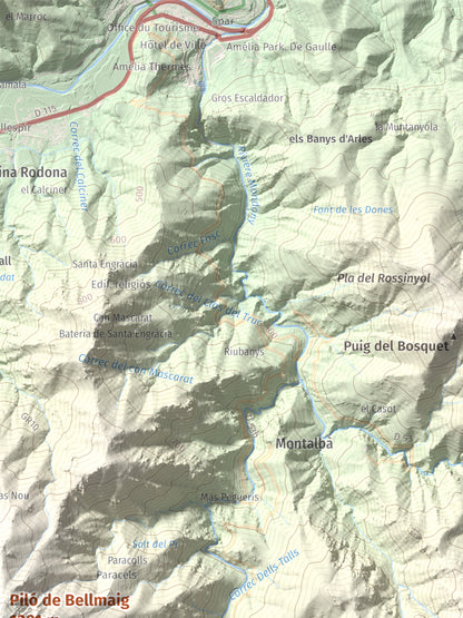 Mapa de relieve de Piló de Bellmaig, 1281 m, Vallespir, lámina 100 Cims de Trobart. Detalle de la zona superior derecha. 30 × 40 cm.