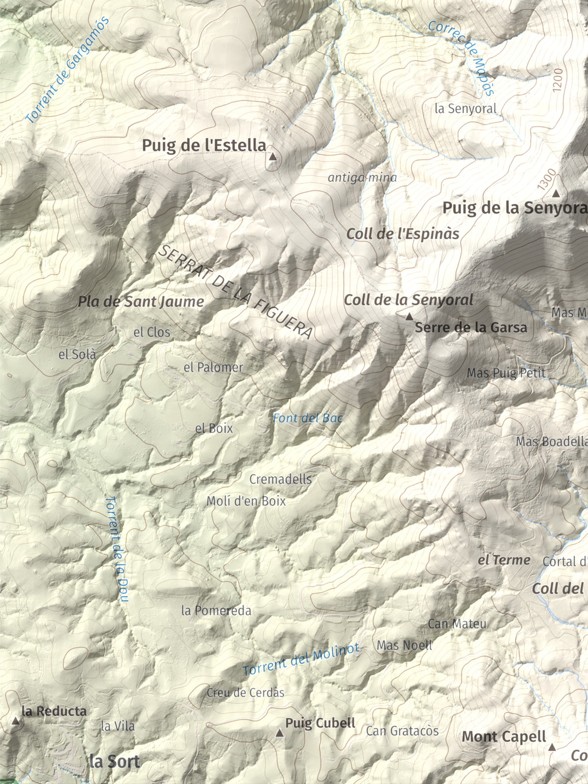 Mapa de relieve de Piló de Bellmaig, 1281 m, Vallespir, lámina 100 Cims de Trobart. Detalle de la zona inferior izquierda. 30 × 40 cm.