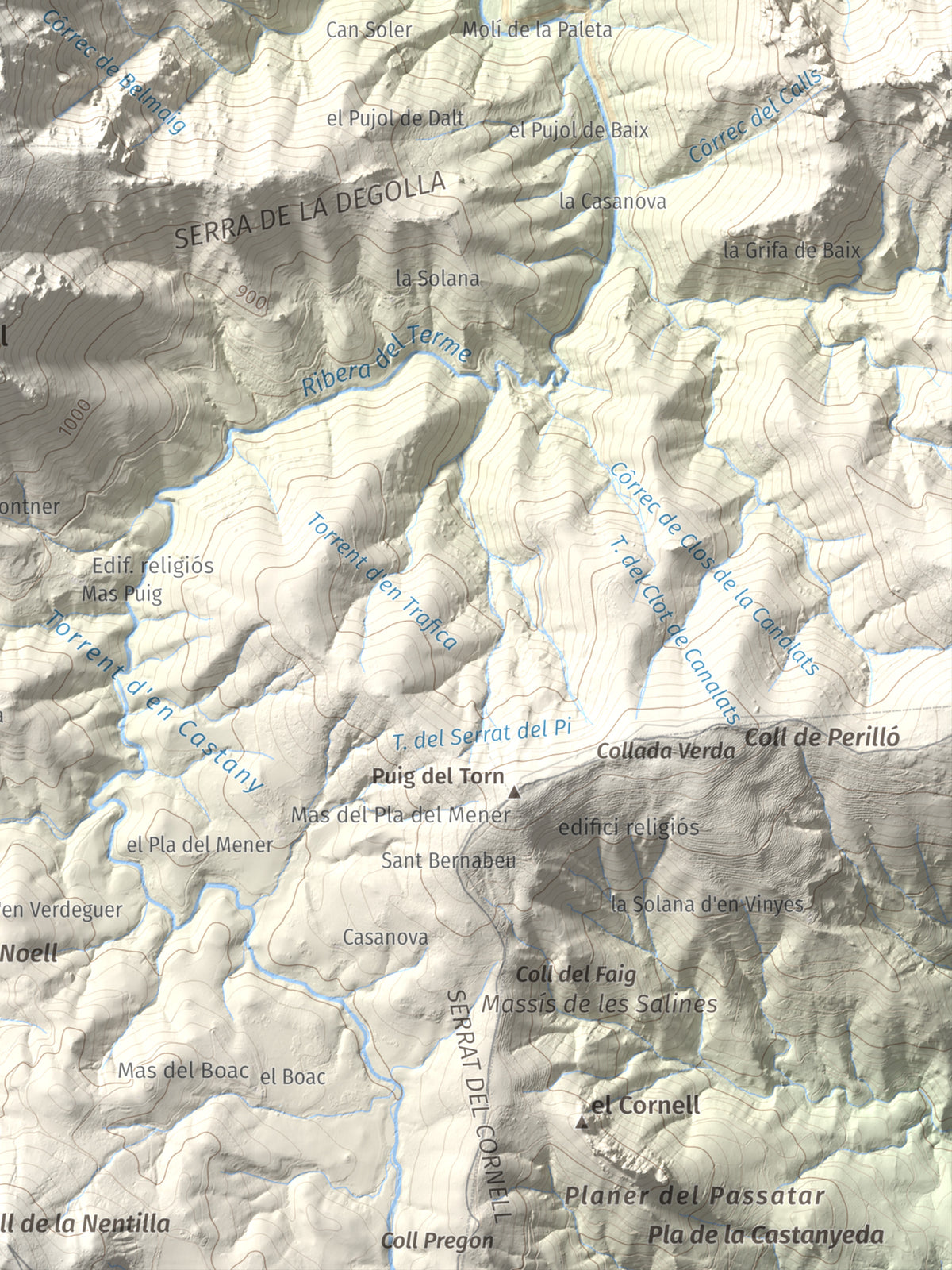 Mapa de relieve de Piló de Bellmaig, 1281 m, Vallespir, lámina 100 Cims de Trobart. Detalle de la zona inferior derecha. 30 × 40 cm.