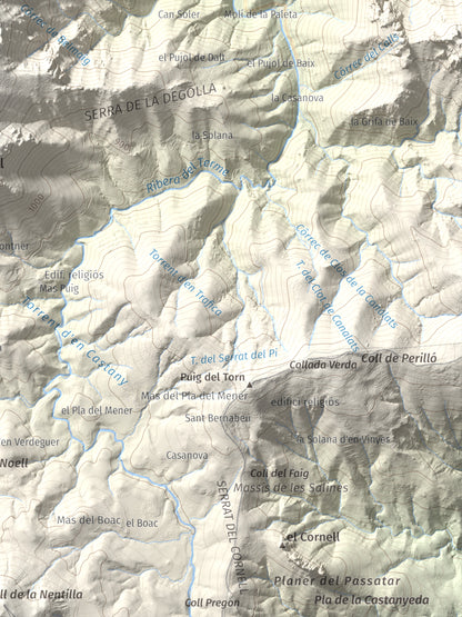 Mapa de relieve de Piló de Bellmaig, 1281 m, Vallespir, lámina 100 Cims de Trobart. Detalle de la zona inferior derecha. 30 × 40 cm.