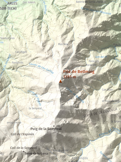 Mapa de relieve de Piló de Bellmaig, 1281 m, Vallespir, lámina 100 Cims de Trobart. Detalle de la zona central. 30 × 40 cm.