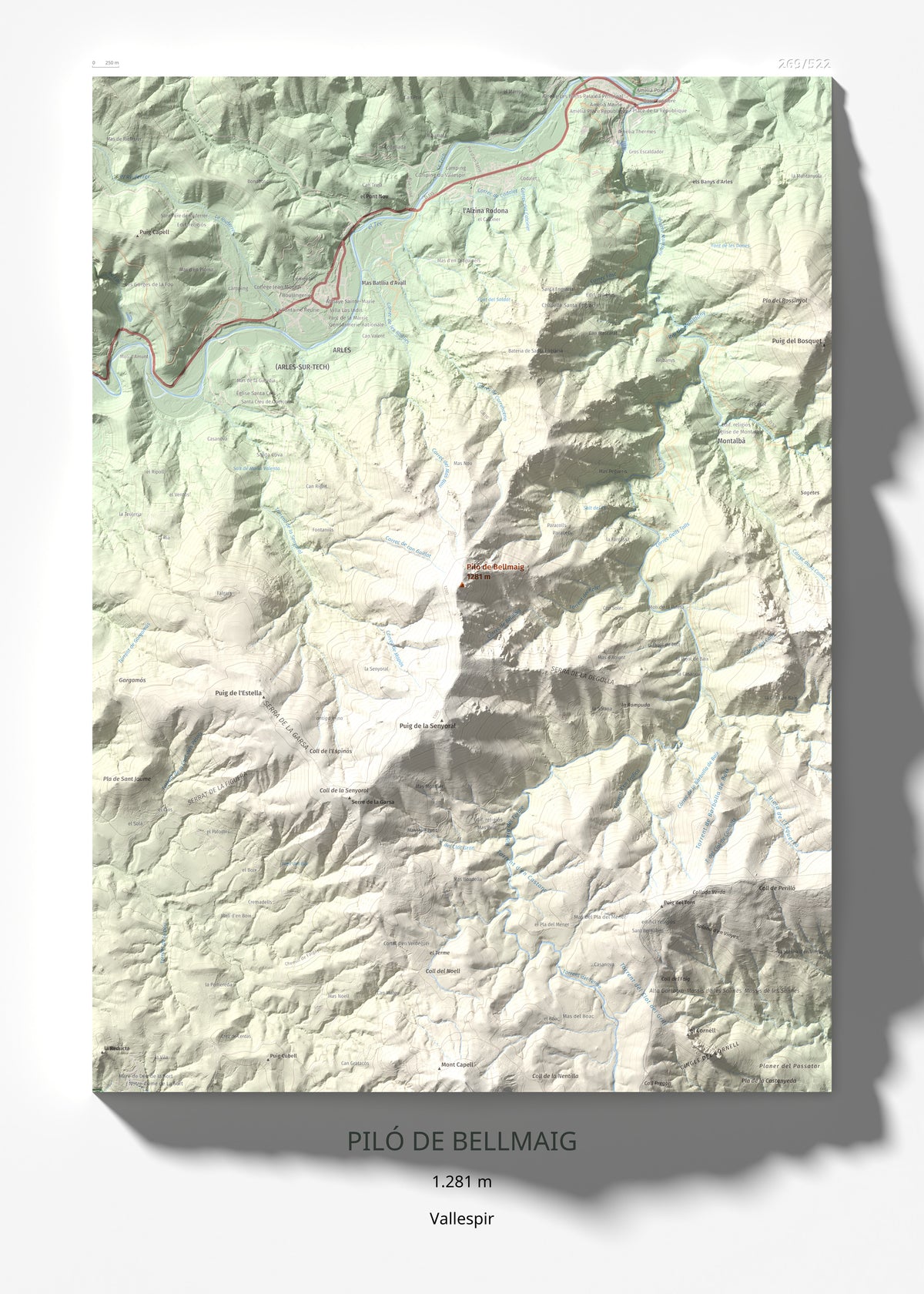 Mapa de relieve de Piló de Bellmaig, 1281 m, Vallespir, lámina 100 Cims de Trobart 50 × 70 cm.