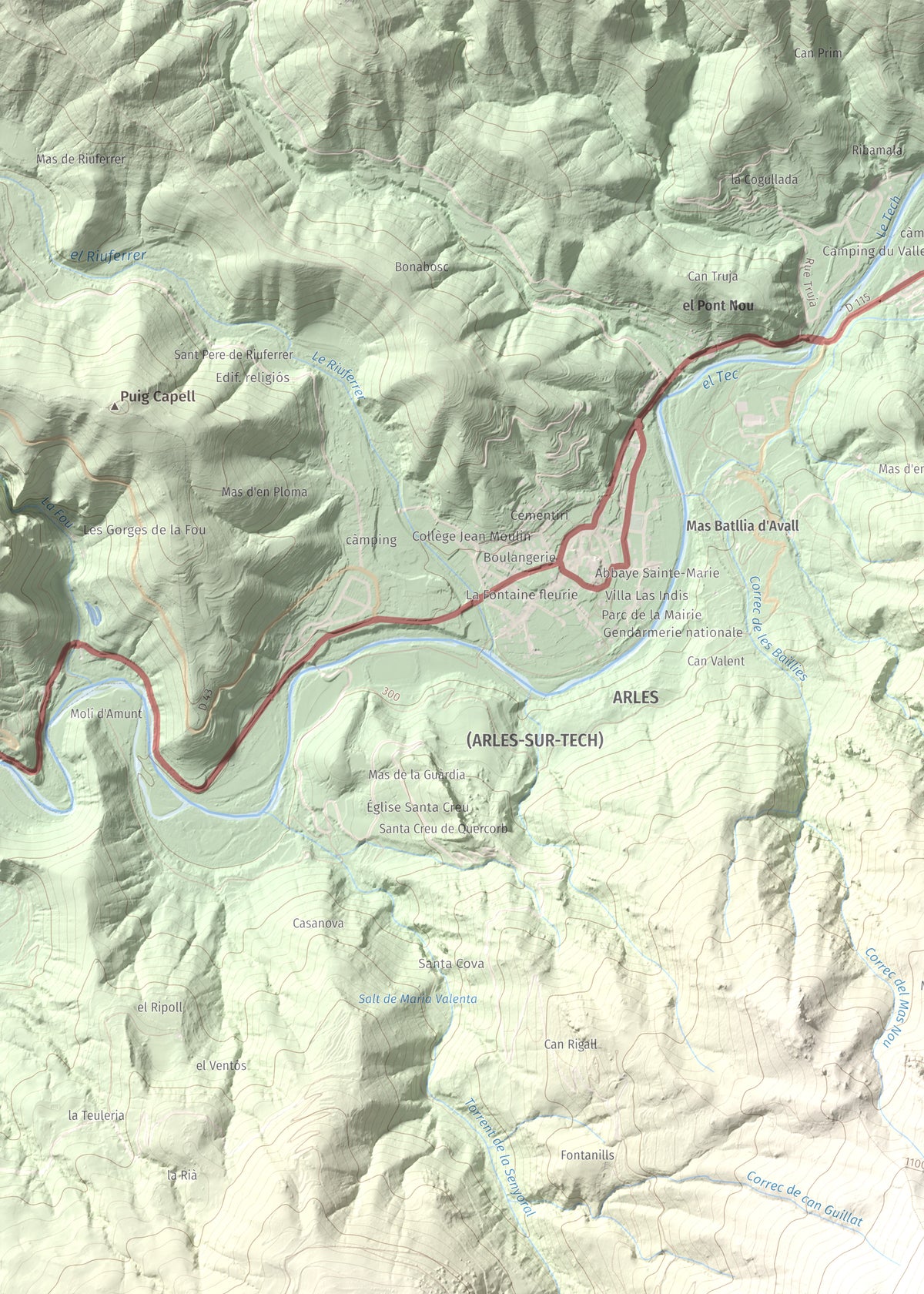 Mapa de relieve de Piló de Bellmaig, 1281 m, Vallespir, lámina 100 Cims de Trobart. Detalle de la zona superior izquierda. 50 × 70 cm.