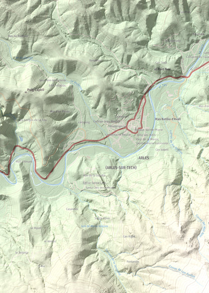 Mapa de relieve de Piló de Bellmaig, 1281 m, Vallespir, lámina 100 Cims de Trobart. Detalle de la zona superior izquierda. 50 × 70 cm.