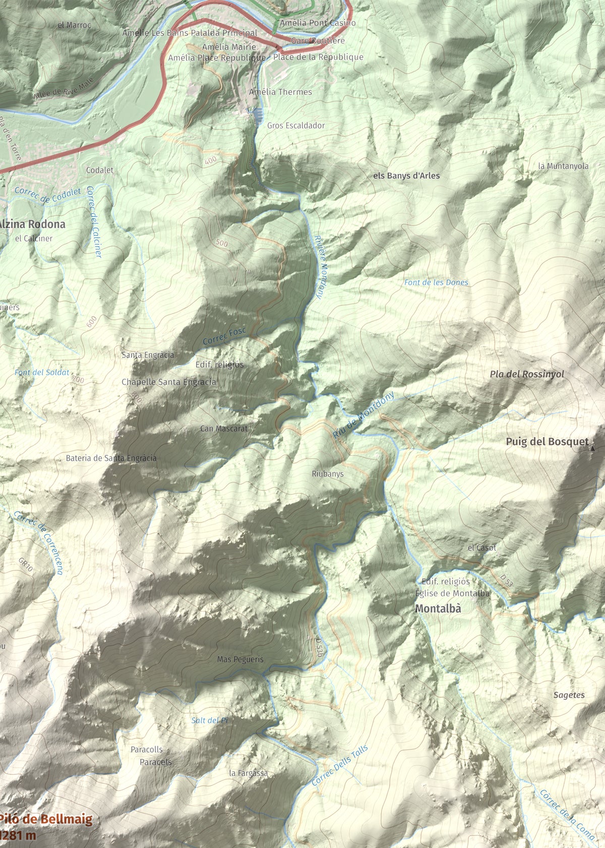 Mapa de relieve de Piló de Bellmaig, 1281 m, Vallespir, lámina 100 Cims de Trobart. Detalle de la zona superior derecha. 50 × 70 cm.