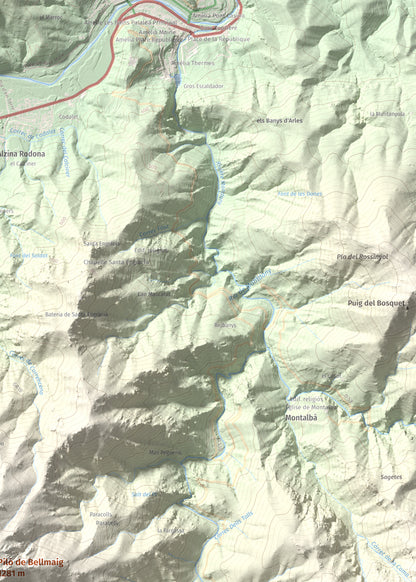 Mapa de relieve de Piló de Bellmaig, 1281 m, Vallespir, lámina 100 Cims de Trobart. Detalle de la zona superior derecha. 50 × 70 cm.