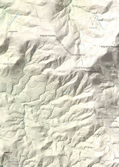 Mapa de relieve de Piló de Bellmaig, 1281 m, Vallespir, lámina 100 Cims de Trobart. Detalle de la zona inferior izquierda. 50 × 70 cm.