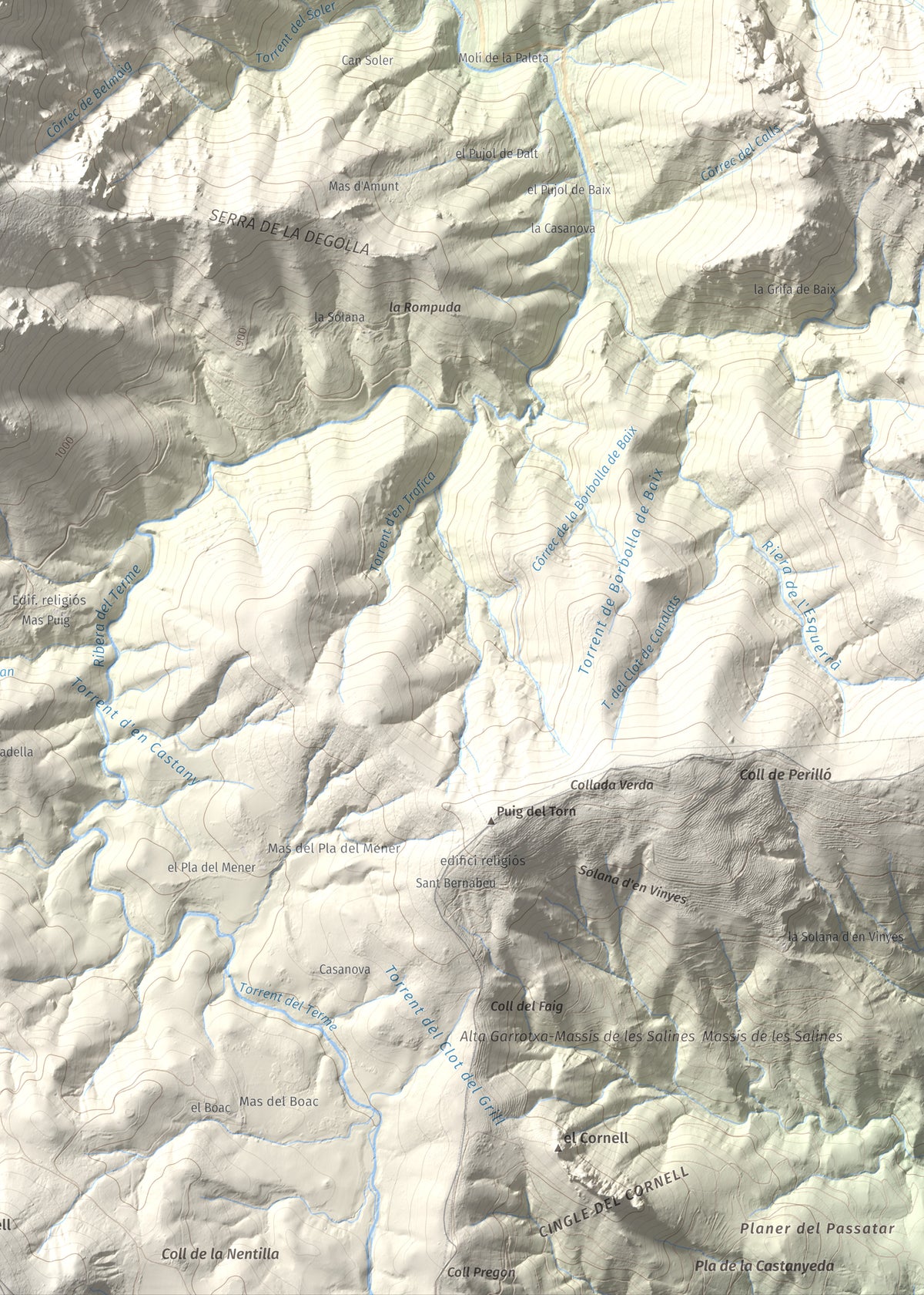 Mapa de relieve de Piló de Bellmaig, 1281 m, Vallespir, lámina 100 Cims de Trobart. Detalle de la zona inferior derecha. 50 × 70 cm.