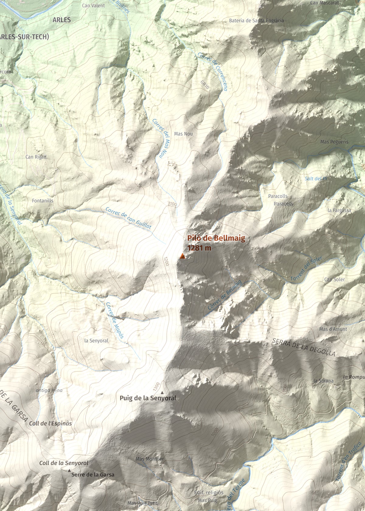Mapa de relieve de Piló de Bellmaig, 1281 m, Vallespir, lámina 100 Cims de Trobart. Detalle de la zona central. 50 × 70 cm.
