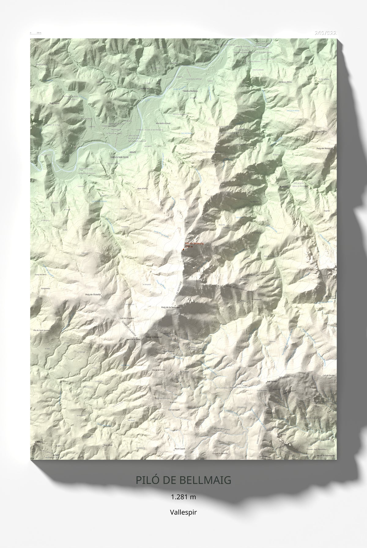 Mapa de relieve de Piló de Bellmaig, 1281 m, Vallespir, lámina 100 Cims de Trobart 61 × 91 cm.